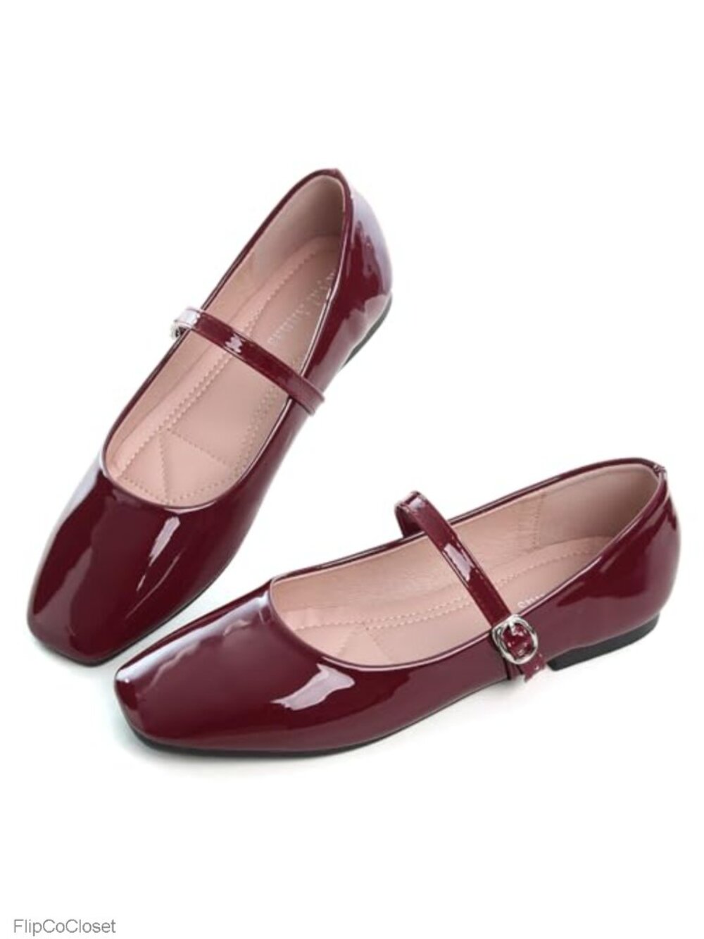 Patent Leather Mary Jane Square Toe Ballet Flats Buckle Comfort Dress Shoes